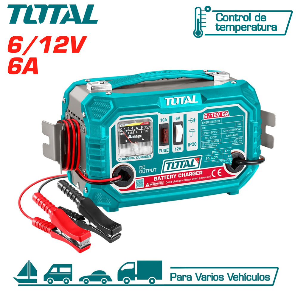 Cargador de Batería 6V / 12V 6A TOTAL Taller Automotriz 40-90Ah Amperímetro Analógico Fusible 10A 220V TBC1501 S2318