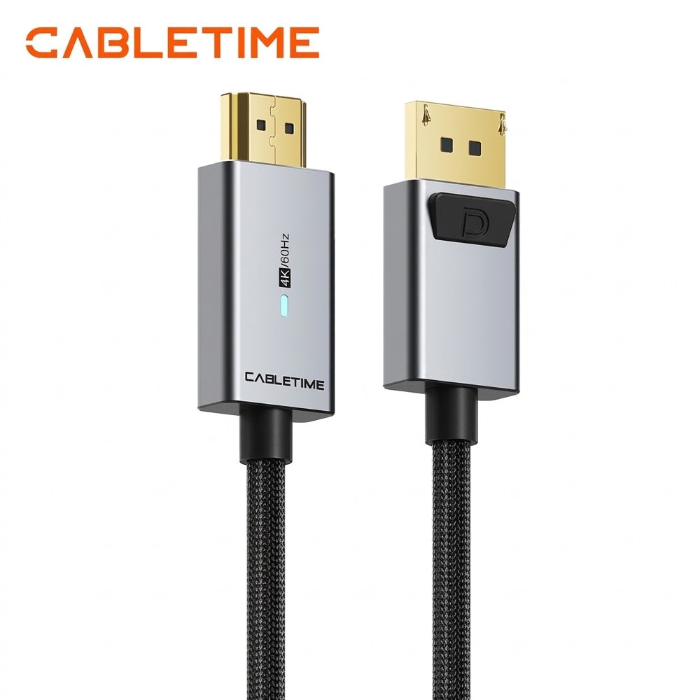 Cable DisplayPort a HDMI CABLETIME 1.8 metros 4K 60Hz Seguro Latch LED Indicador Nylon Trenzado CD30K S2278
