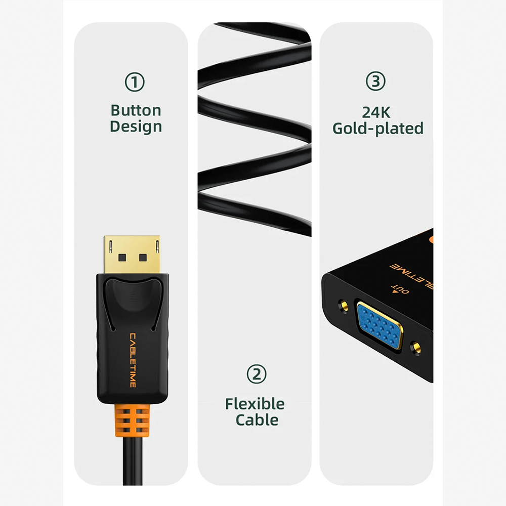Adaptador DisplayPort a VGA Hembra CABLETIME 1080P 60Hz Conversor de Video con Seguro Mecánico Latching y Conector Chapado en Oro 24K para PC Laptop Tarjeta Gráfica Proyector y Monitor S2368