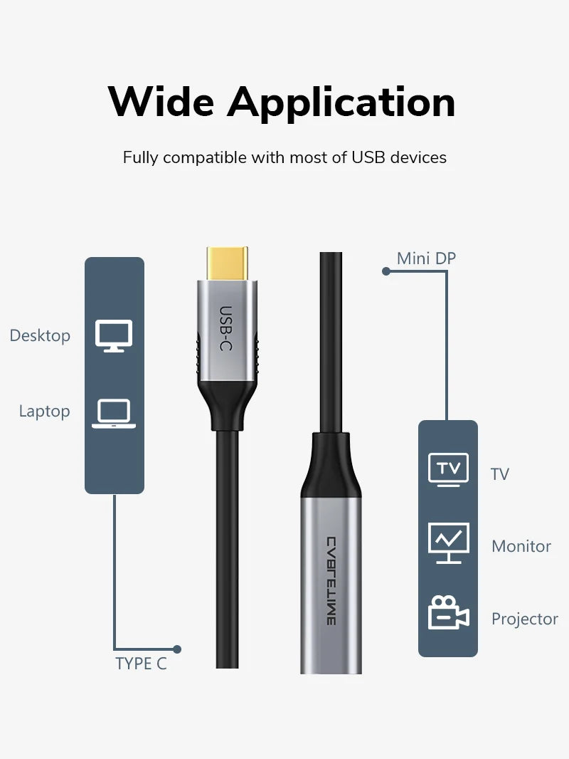 Adaptador USB-C a Mini DisplayPort CABLETIME 4K 60Hz 21.6Gbps Chip Activo Aluminio MacBook s2272