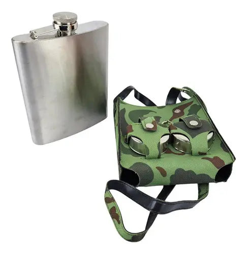 Licorera Petaca de Acero Inoxidable de 18 oz con 2 Vasos Plegables y Funda Camuflada S2161
