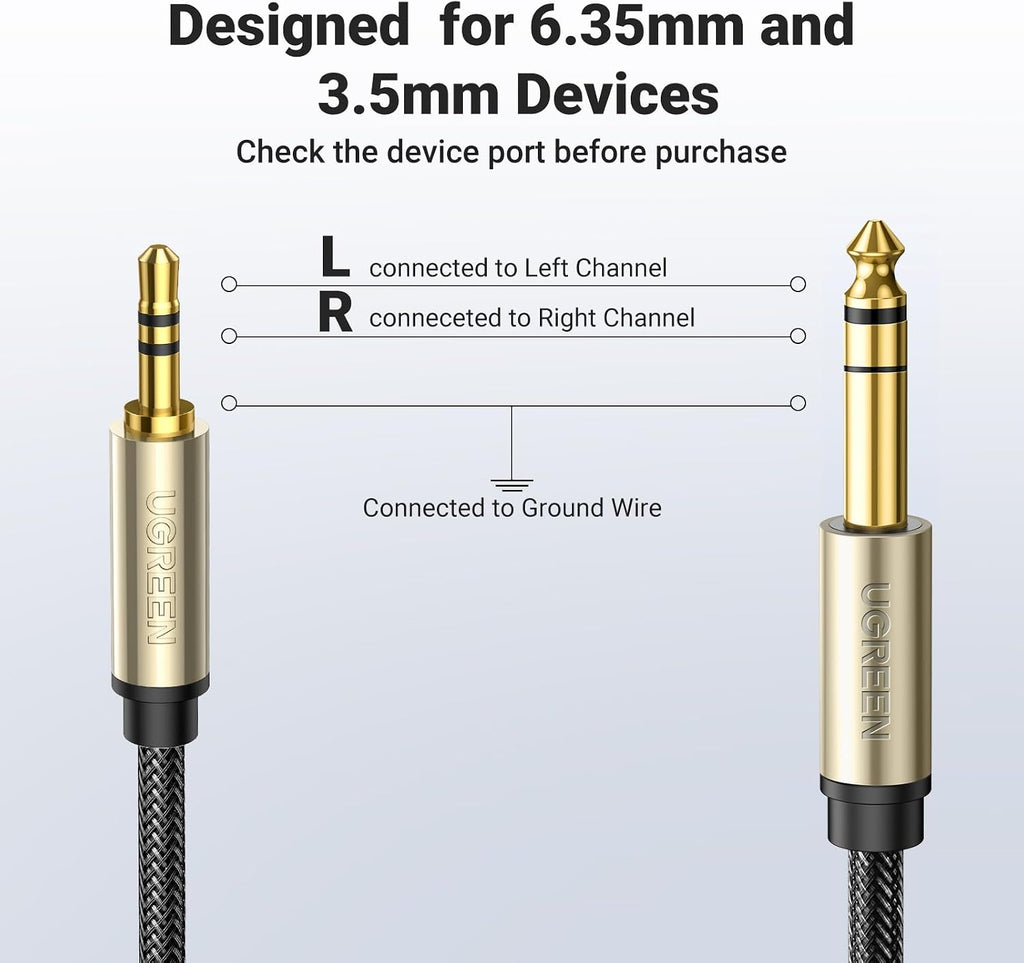Cable de Audio UGREEN 3.5mm a 6.35mm 1/4 TRS 2m Nylon Trenzado Aleación Zinc Bañado S2295
