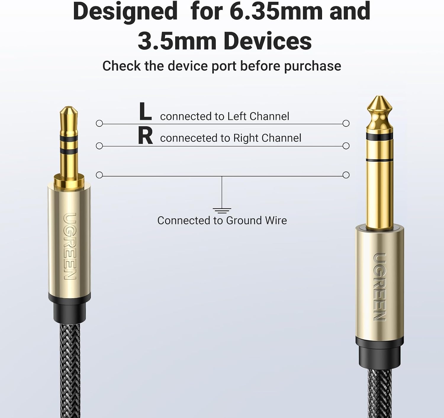 Cable de Audio UGREEN 3.5mm a 6.35mm 1/4 TRS 2m Nylon Trenzado Aleación Zinc Bañado S2295