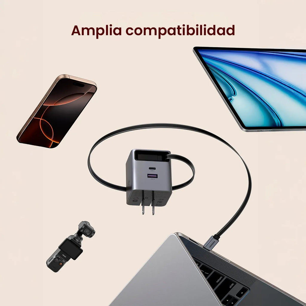 Cargador de Pared UGREEN Nexode Pro 65W GaN Cable USB-C Retráctil 0.7m Dual Port USB-C y USB-A S2299