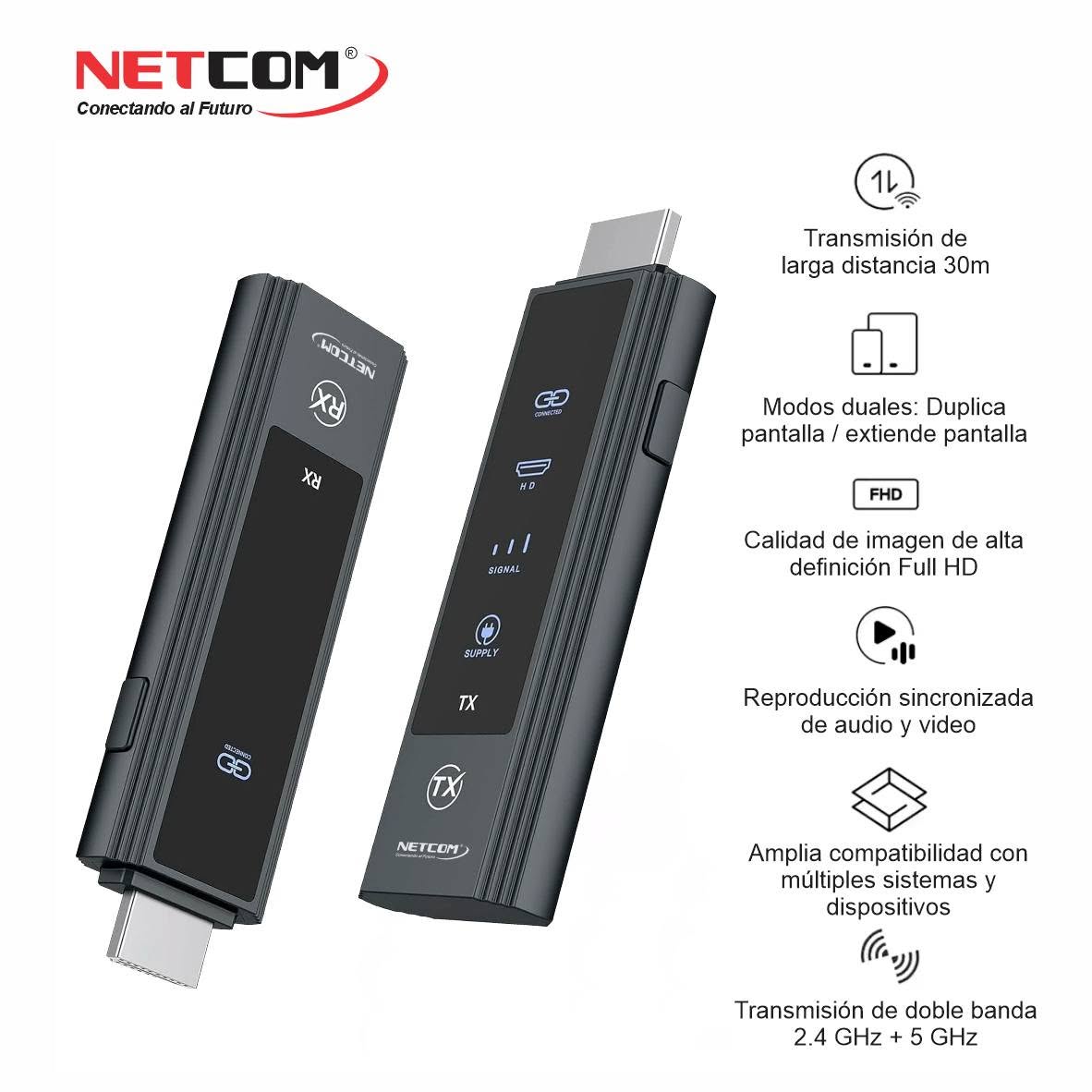 Extensor HDMI Inalámbrico de 30 Metros NETCOM Dual Band 4K/1080P (Modelo PE-EXI030) S2147