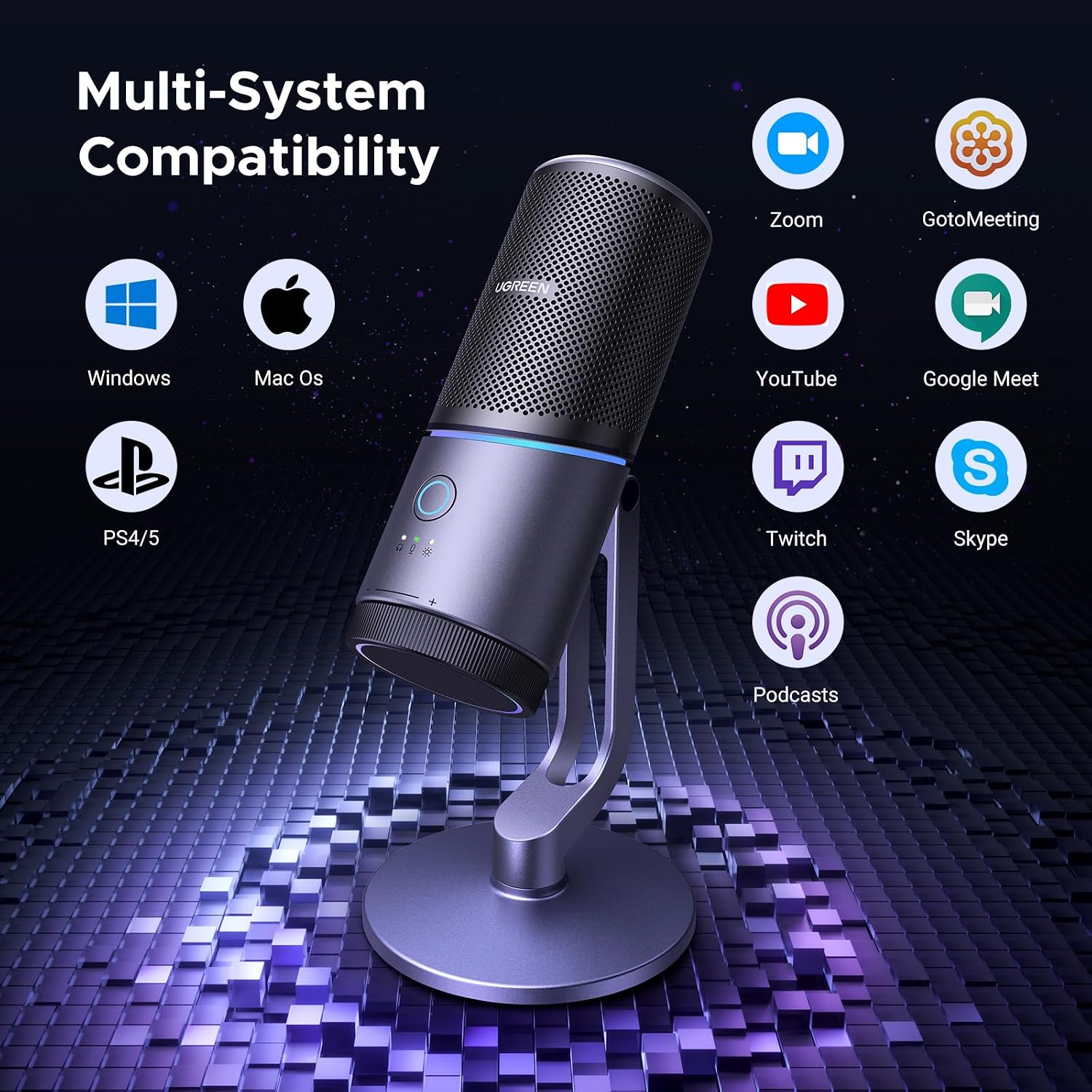 Micrófono Gamer USB Ugreen RGB 24-bit/96kHz Cancelación DSP con Monitoreo y Mute S2213