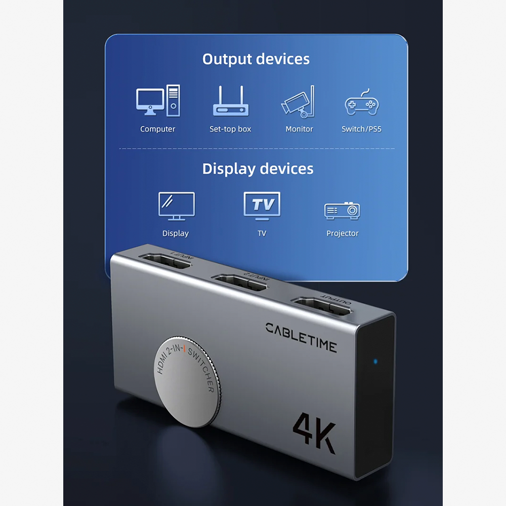 Switch Conmutador HDMI 2.0 Bidireccional 4K 60Hz CABLETIME 2 en 1 o 1 en 2 de Aluminio sin Alimentación Externa para PS5 Xbox PC y Smart TV S2355
