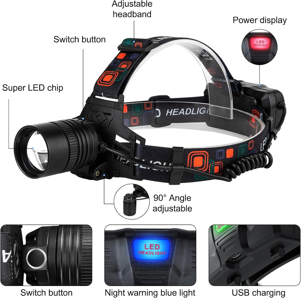 Linterna Frontal LED Recargable SKNSL 99000 Lúmenes Zoom Ajustable 90° IPX6 Batería 45H s2243