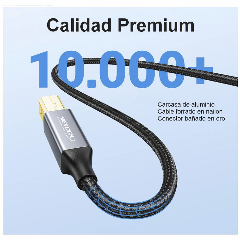 Cable USB 2.0 para impresora 3 Metros NETCOM 480Mbps USB A a USB B S2057