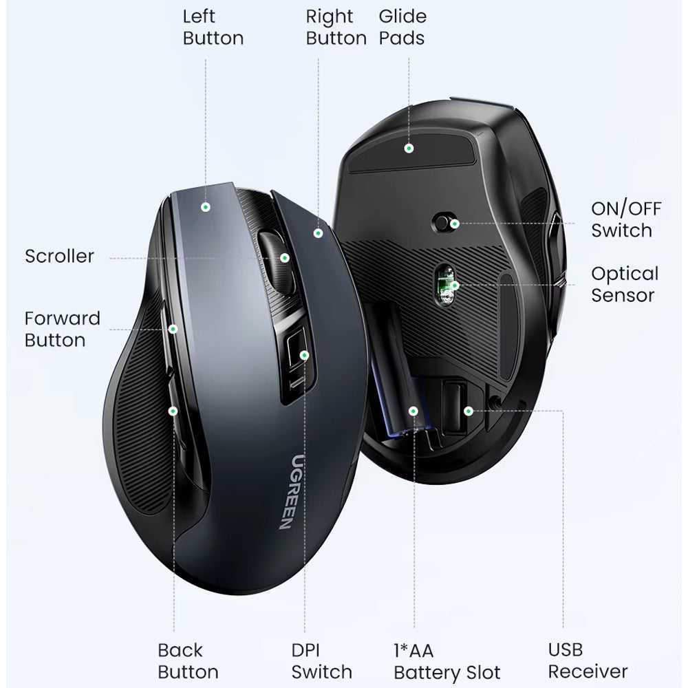 Mouse Inalámbrico Ergonómico Ugreen MU006 Dual 2.4G Bluetooth 5.0 4000 DPI Silencioso Negro 90855 S2214
