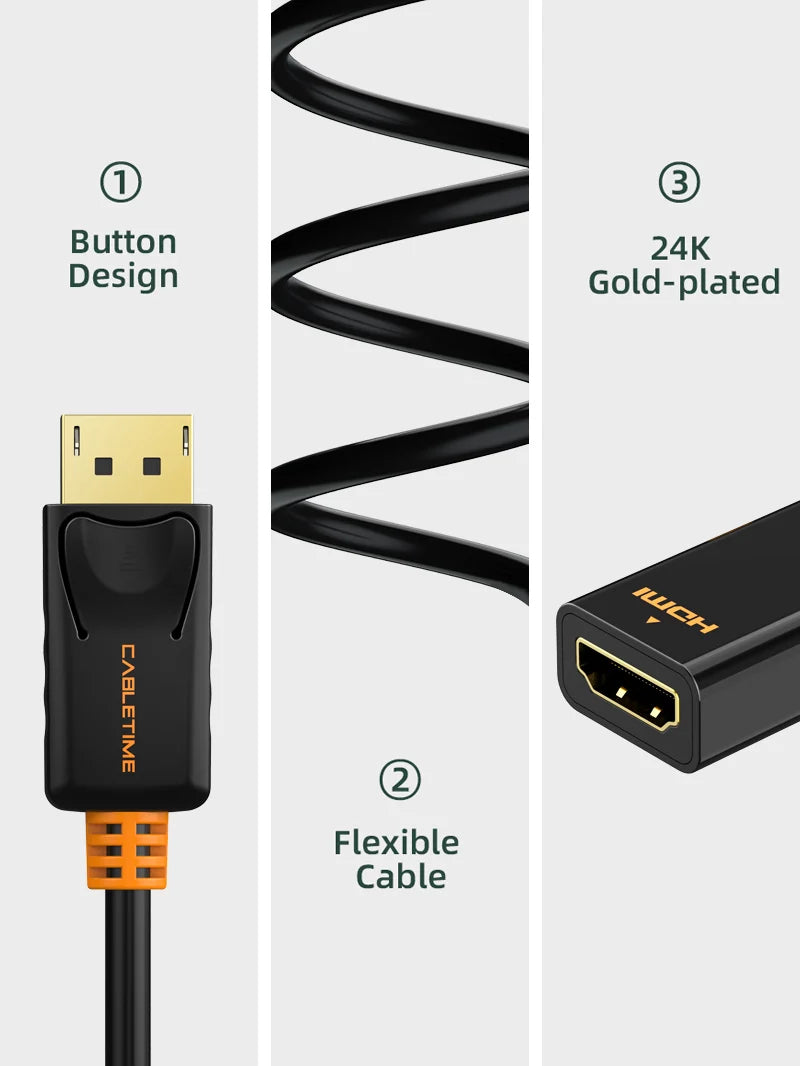 Adaptador DisplayPort a HDMI CABLETIME 4K 30Hz Seguro Latch Bañado en Oro PVC Negro/Naranja CP21B S2276