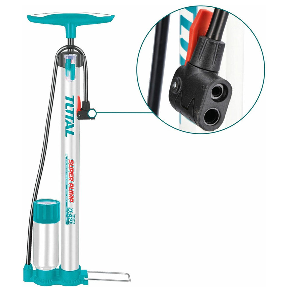 Inflador Manual de Pie TOTAL 38x500mm con Tanque y Manómetro 50mm Bar/PSI Cabezal Multiválvula TMPP3811 S2324