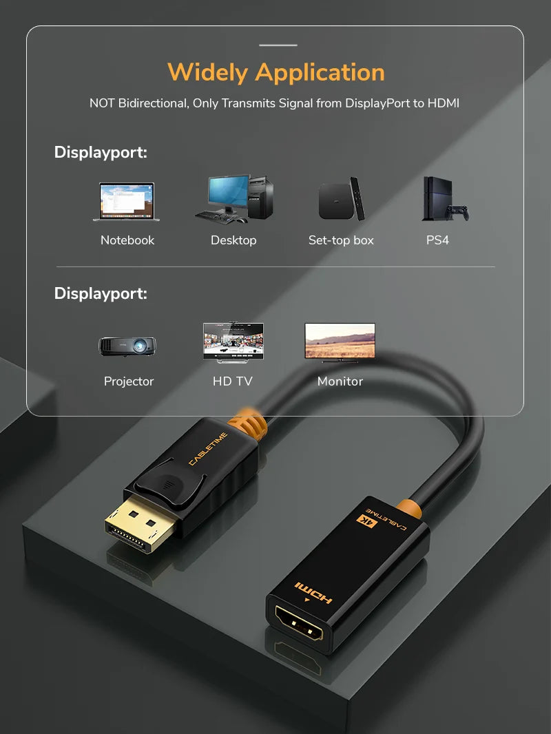 Adaptador DisplayPort a HDMI CABLETIME 4K 30Hz Seguro Latch Bañado en Oro PVC Negro/Naranja CP21B S2276