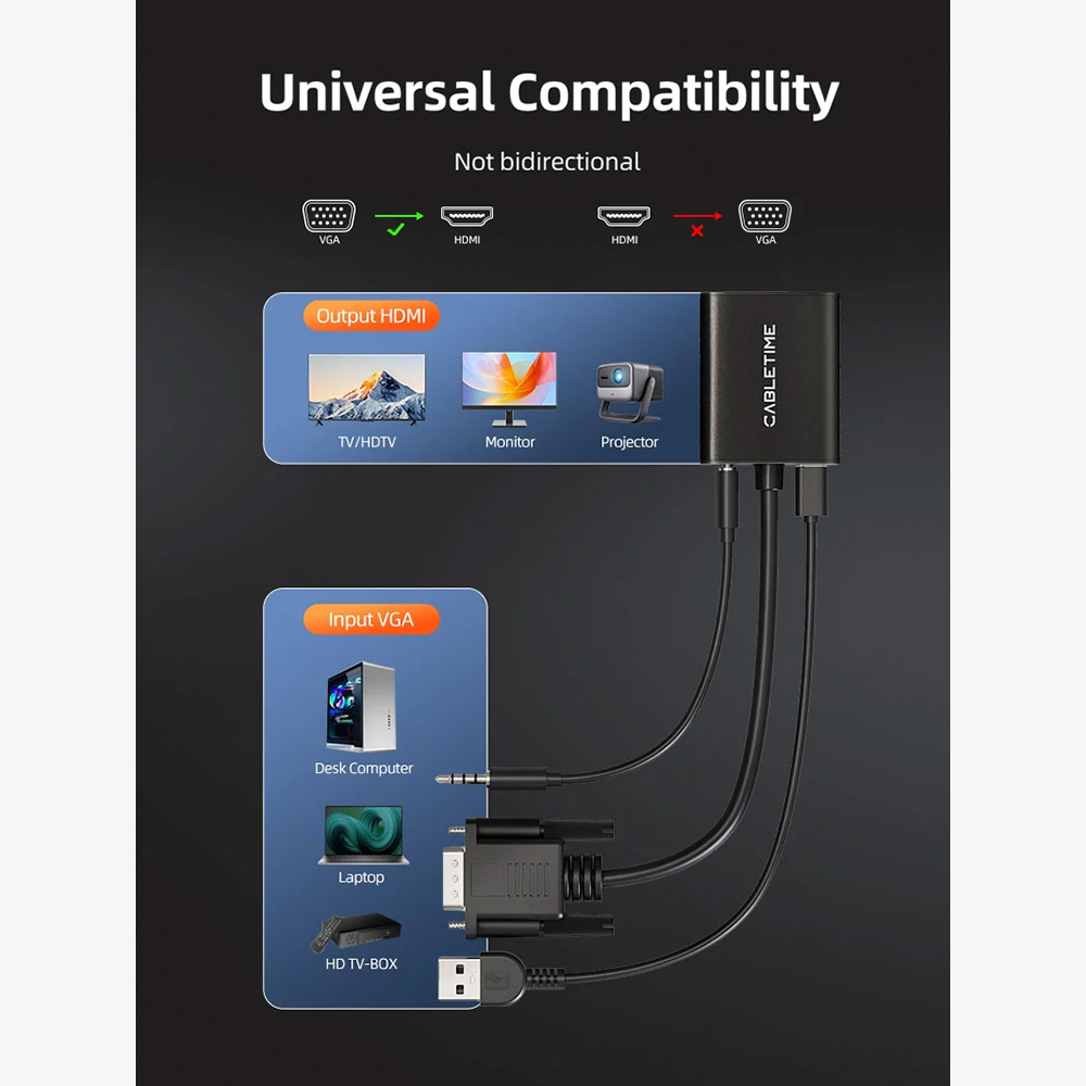 Adaptador Conversor VGA a HDMI CABLETIME 1080P 60Hz Activo Unidireccional con Audio y Alimentación USB Carcasa de Aluminio Plug & Play para Laptop Antigua PC a Smart TV y Monitor S2369