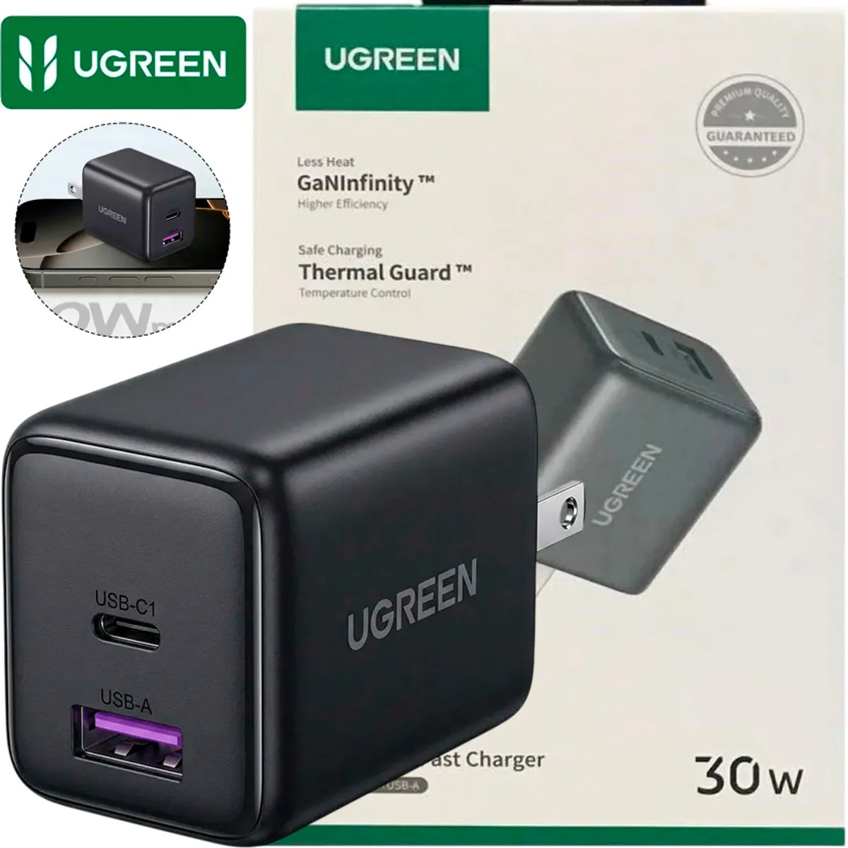Cargador de Pared UGREEN 30W GaN USB-C y USB-A PD 3.0 QC 4.0 Carga Rápida Dual S2287