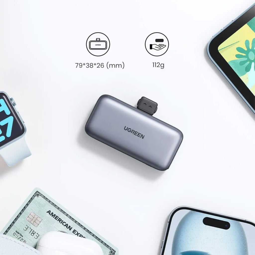Mini Power Bank Ugreen 5000 mAh Carga Rápida 20W USB-C Integrado PB503 con Soporte y Pantalla LED S2200