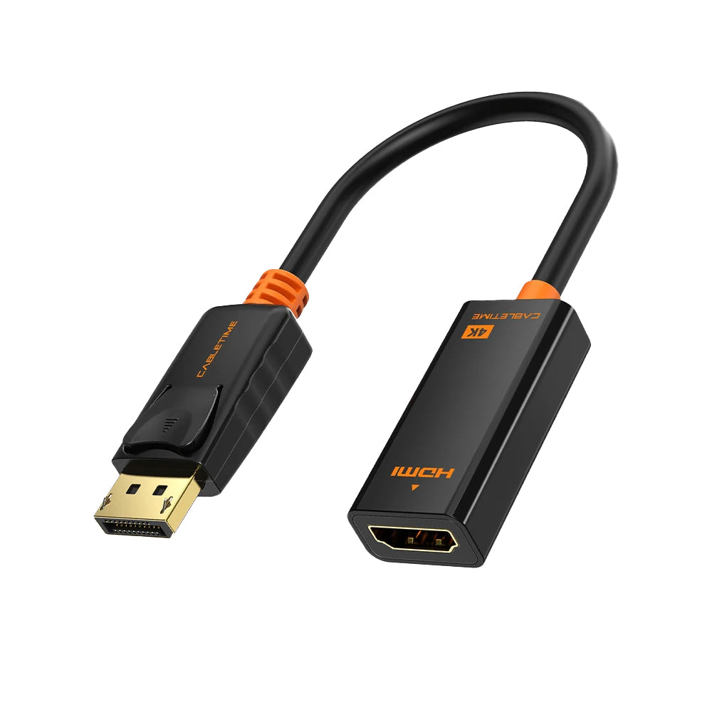 Adaptador DisplayPort a HDMI CABLETIME 4K 30Hz Seguro Latch Bañado en Oro PVC Negro/Naranja CP21B S2276