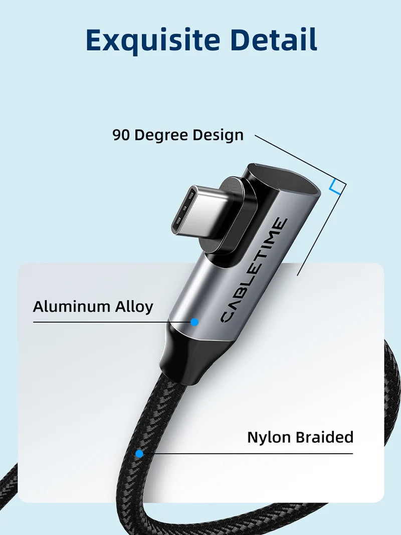 Cable USB-C a USB-C 90° CABLETIME 100W 20Gbps Video 4K 60Hz Chip E-Marker Nylon Trenzado s2269
