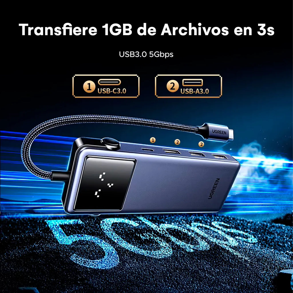 Adaptador Hub USB-C UGREEN UNO 7 en 1 HDMI 4K@60Hz Carga PD 100W Lector SD/TF y Pantalla Digital S2198