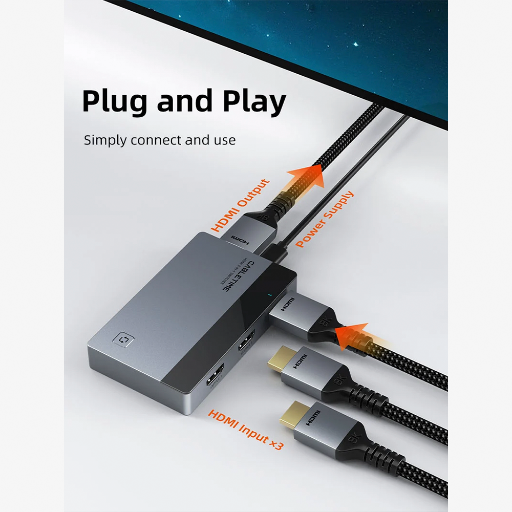 Switch Conmutador HDMI 3 en 1 4K 60Hz CABLETIME de Aluminio con Control Remoto Receptor IR y Botón Manual para PS5 Xbox TV Box y PC S2353