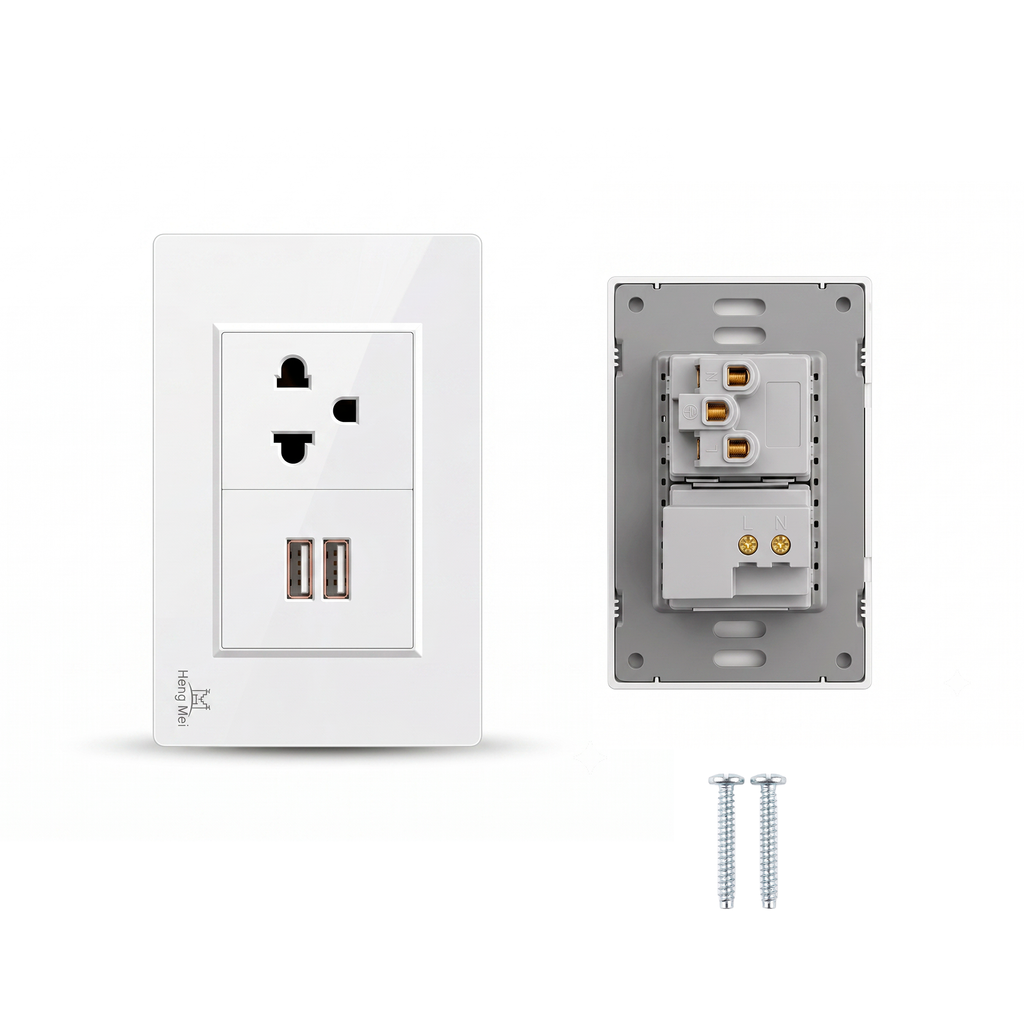 Tomacorriente de Pared Universal Heng Mei con Doble Puerto USB-A 15A 127V-250V Blanco s2254