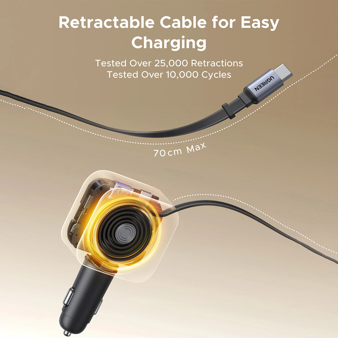 Cargador de Auto Ugreen 60W con Cable Retráctil USB-C y Puertos USB-A / Type-C EC602 S2215