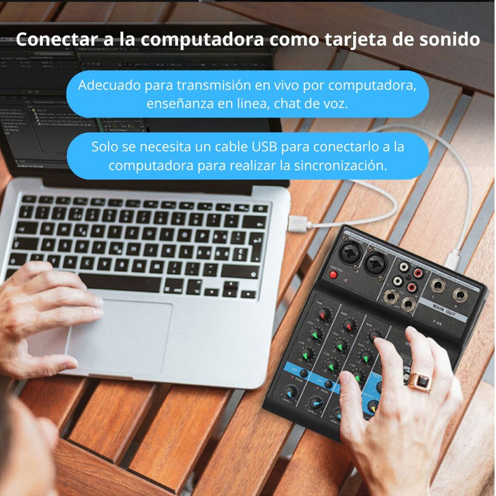 Consola Mezcladora de Audio Profesional 4 Canales Bluetooth USB Phantom +48V Tarjeta de Sonido F-4A s2256