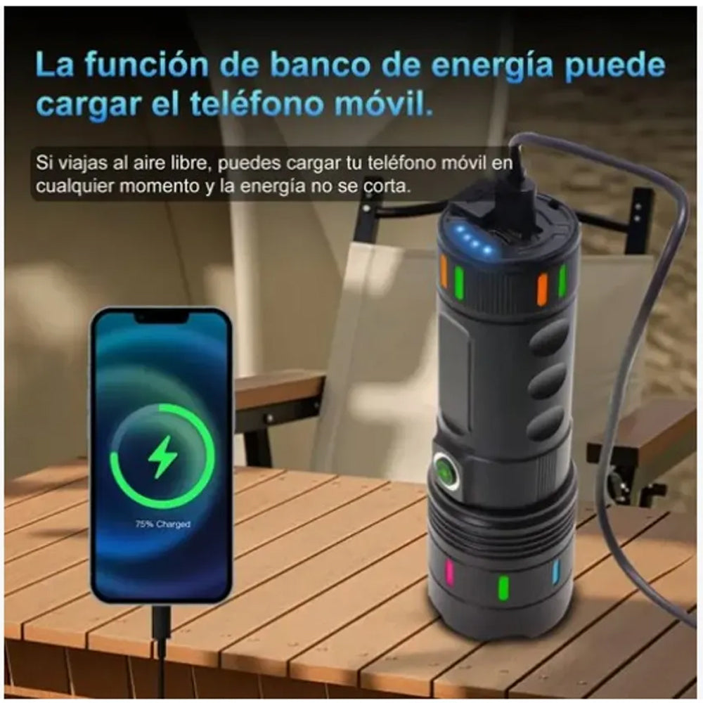 Linterna Táctica Militar de Aluminio Recargable USB-C (3600mAh) con zoom s2074
