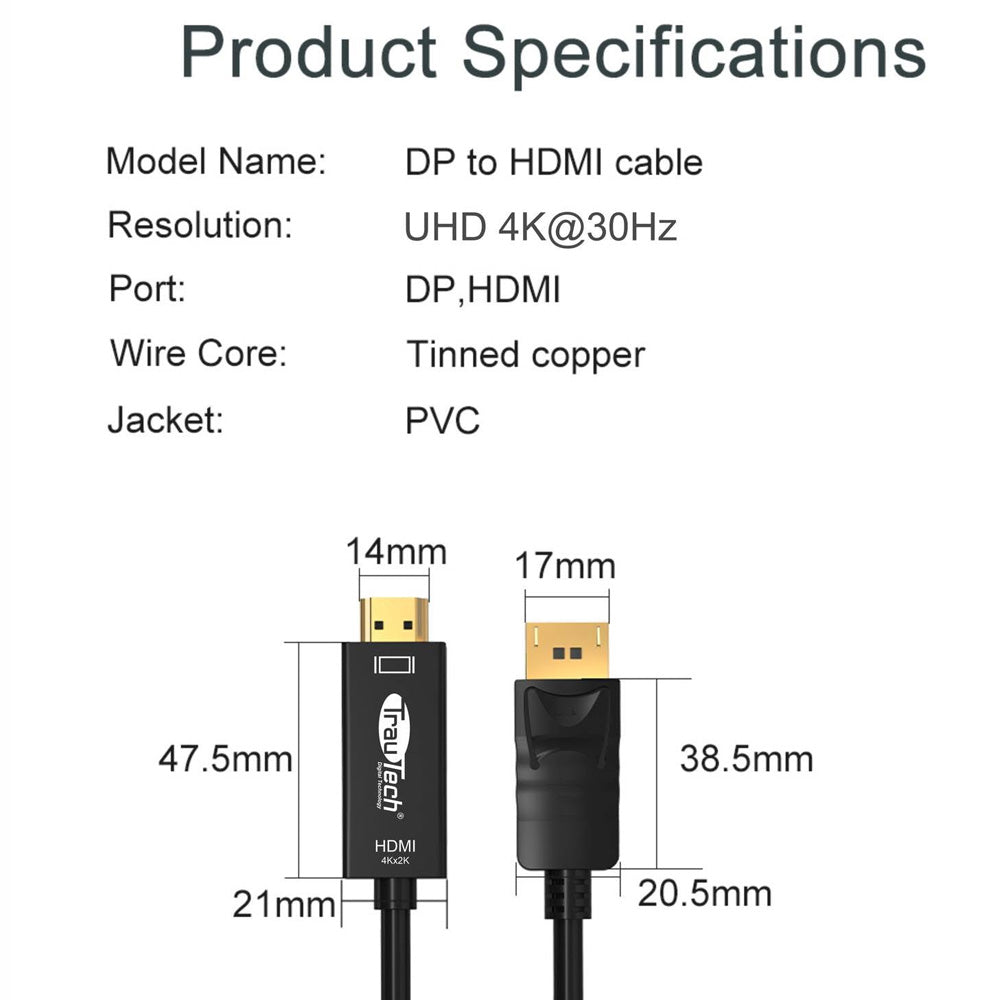 Cable Convertidor DisplayPort a HDMI 4K@30Hz TrauTech 1.8 Metros S2101