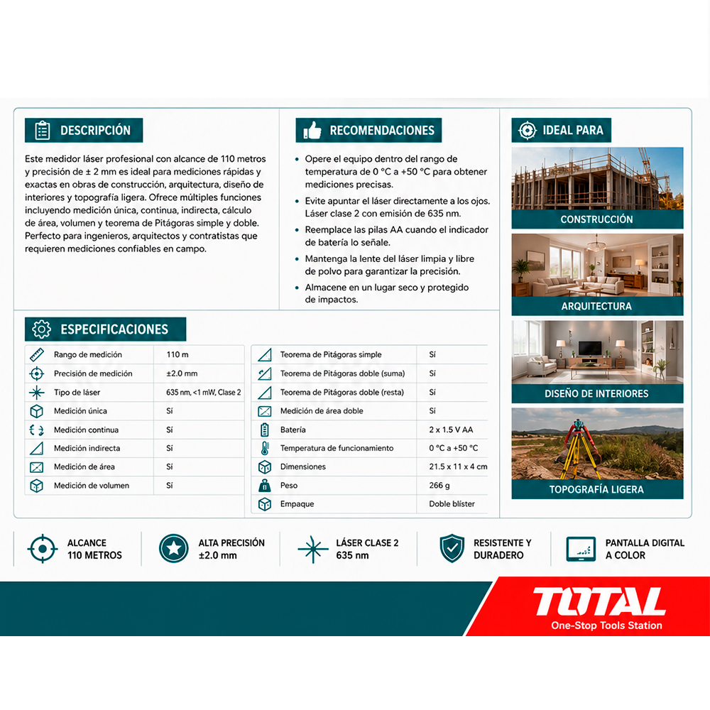 Medidor de Distancia Láser TOTAL 110m Telémetro Digital Industrial Precisión ±2mm Sensor de Inclinación Vibración Pantalla LCDS2308