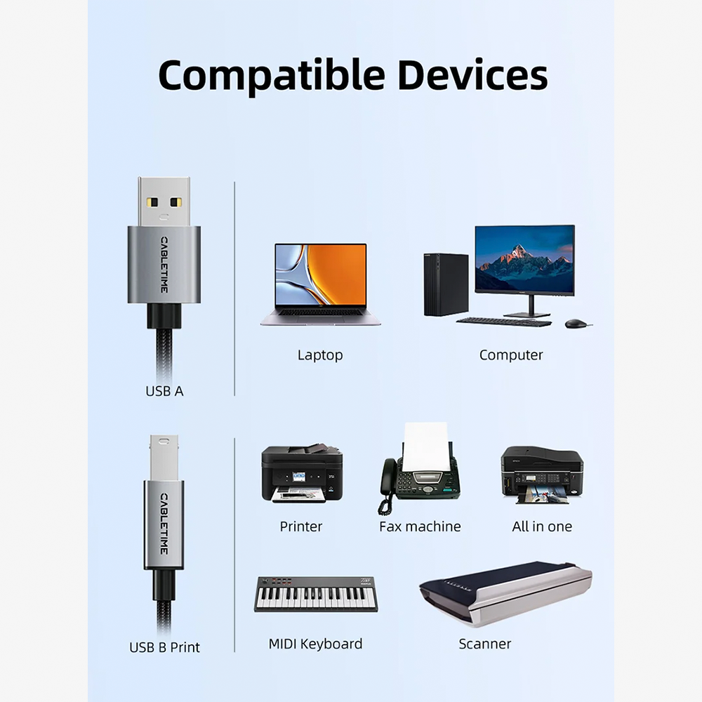 Cable USB 2.0 Tipo A a Tipo B para Impresora y MIDI CABLETIME 2 Metros 480Mbps de Aluminio y Malla Trenzada para Impresoras HP Canon Epson Pianos Digitales y Audio DAC S2367