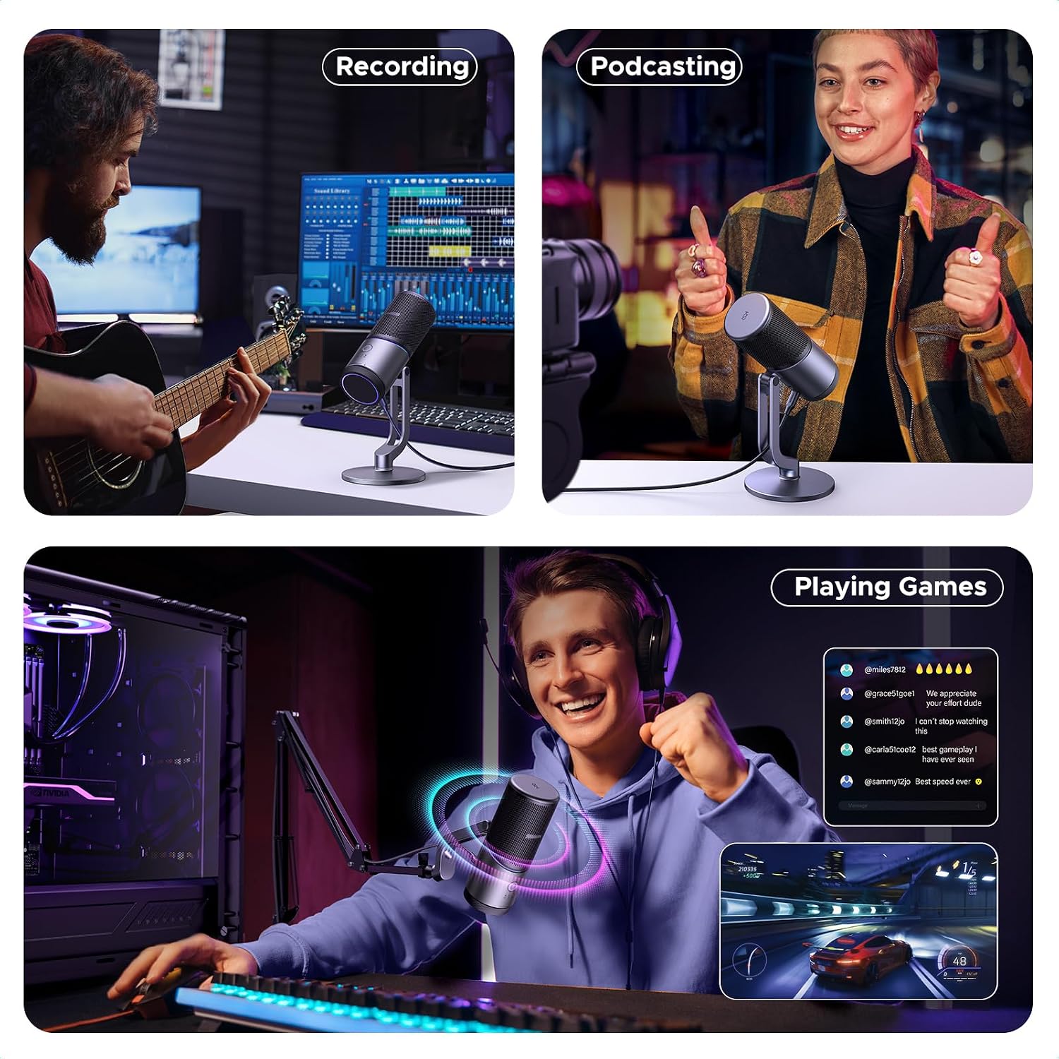 Micrófono Gamer USB Ugreen RGB 24-bit/96kHz Cancelación DSP con Monitoreo y Mute S2213
