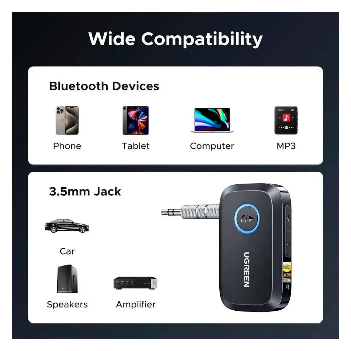 Receptor Bluetooth 6.0 UGREEN BT509 Hi-Res Audio LDAC Jack 3.5mm Auxiliar Batería 17 Horas Micrófono con Cancelación de Ruido IA y Emparejamiento Dual para Auto Parlantes y Audífonos 55546 S2370