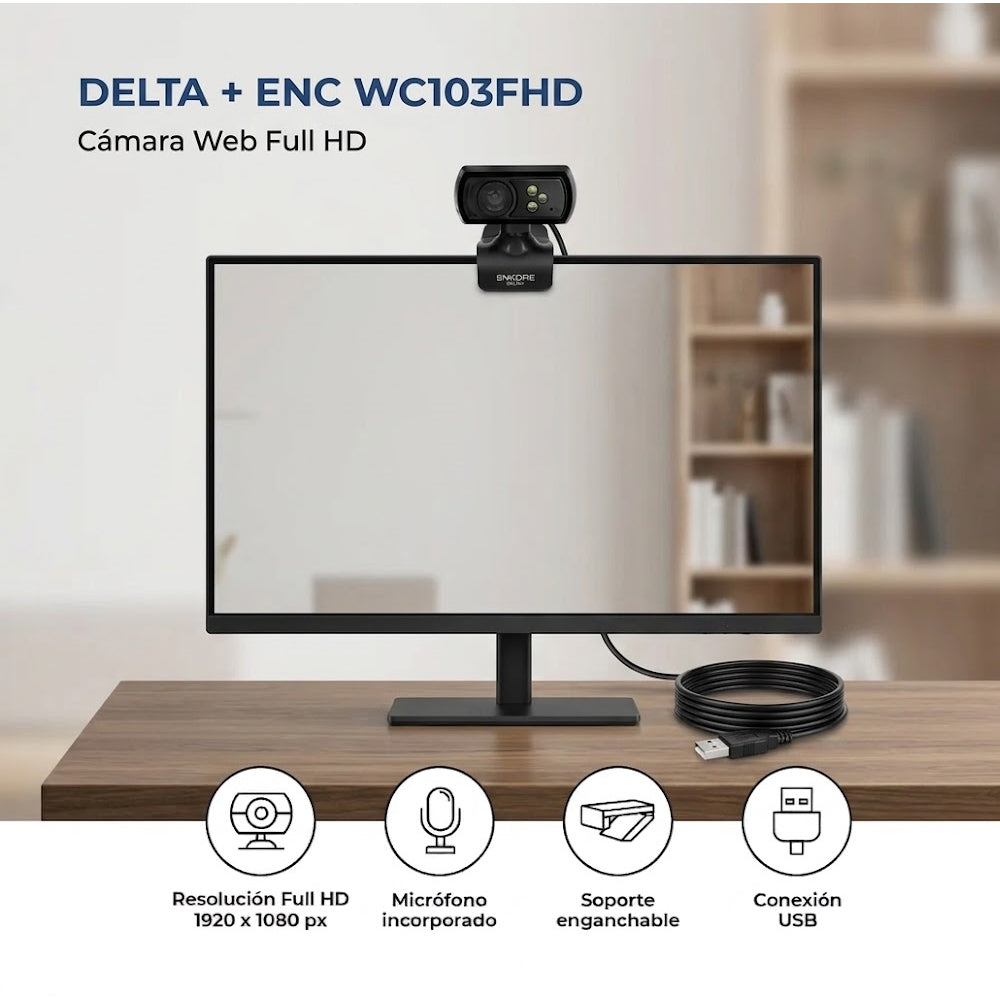 Cámara Web Full HD 1080p Enkore Delta+ ENC WC103 3 LEDs Micrófono Clip USB Plug & Play s2249