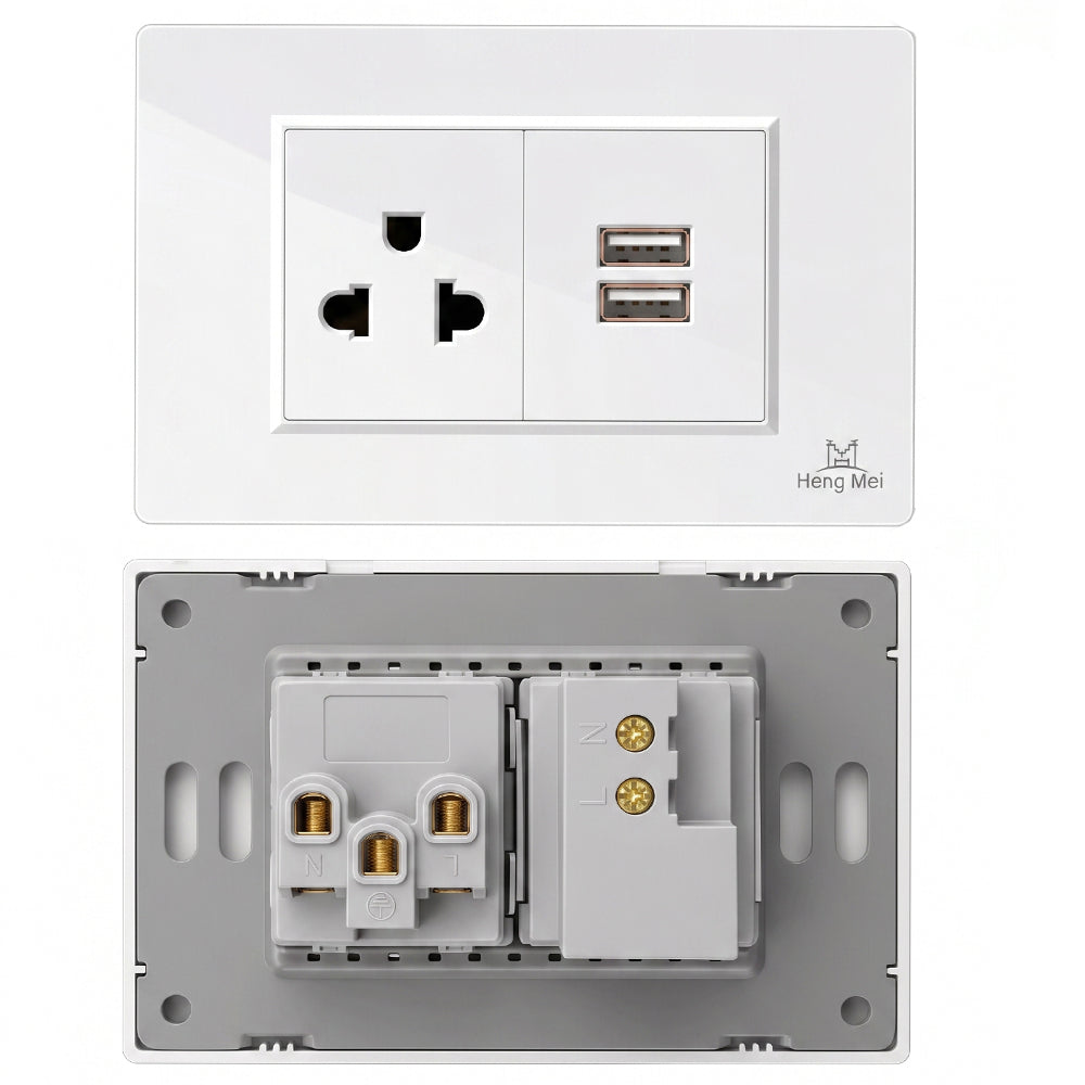 Tomacorriente de Pared Universal Heng Mei con Doble Puerto USB-A 15A 127V-250V Blanco S2254