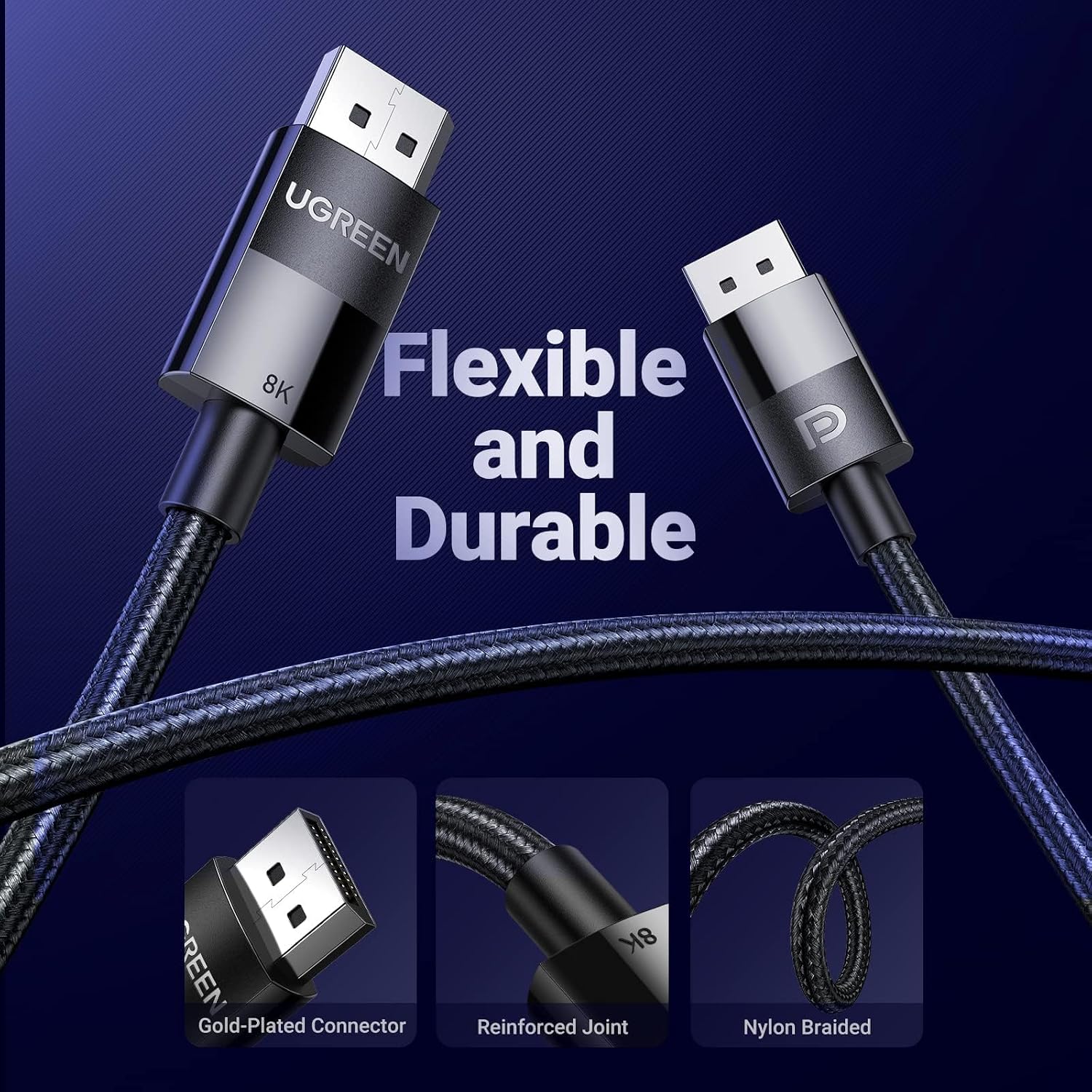 Cable DisplayPort 1.4 Ugreen  8K@60Hz 4K@240Hz 32.4Gbps Trenzado de 2 Metros S2199