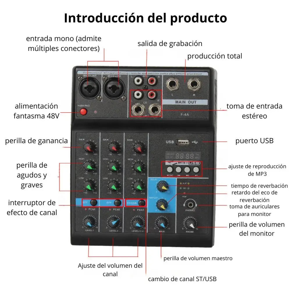 Consola Mezcladora de Audio Profesional 4 Canales Bluetooth USB Phantom +48V Tarjeta de Sonido F-4A s2256