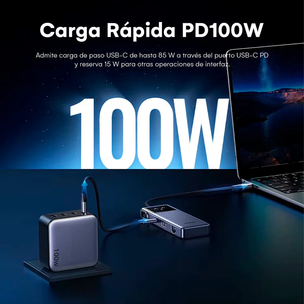 Adaptador Hub USB-C UGREEN UNO 7 en 1 HDMI 4K@60Hz Carga PD 100W Lector SD/TF y Pantalla Digital S2198