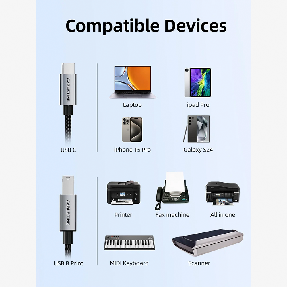 Cable USB-C a USB-B 2.0 para Impresora y MIDI CABLETIME 2 metros 480Mbps de Aluminio y Malla Trenzada para MacBook iPad Pro Impresoras HP Canon Epson Pianos Digitales y Controladores S2366