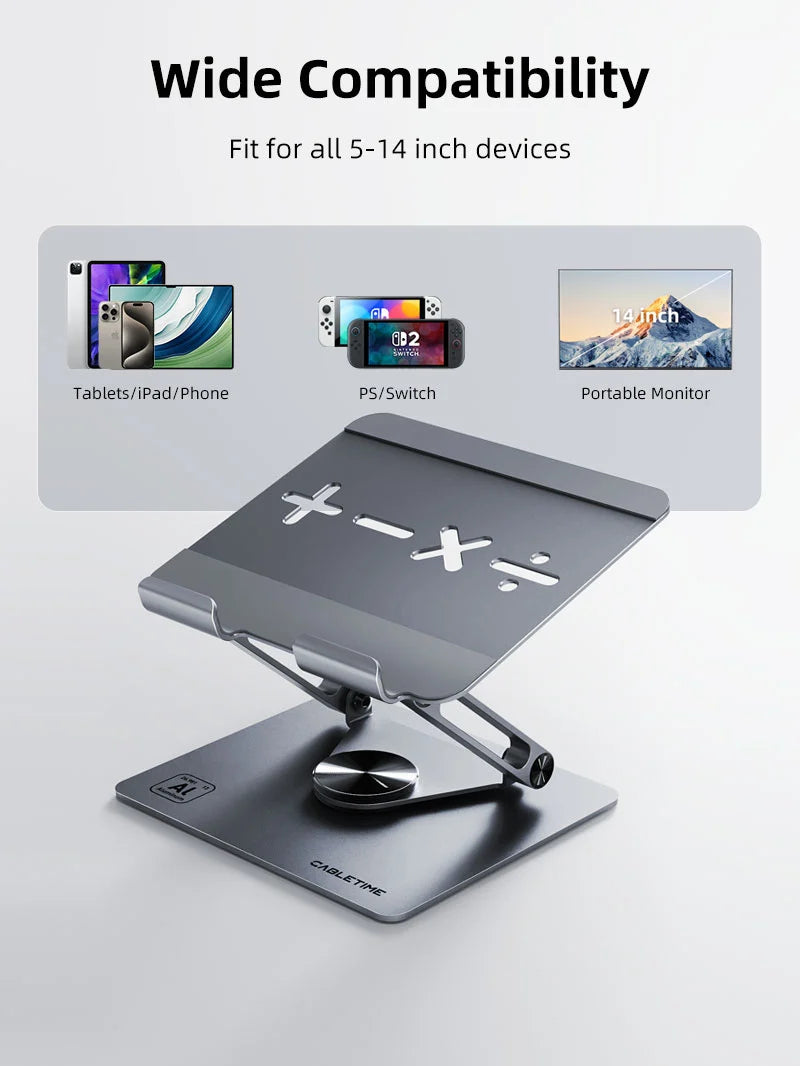 Soporte Giratorio 360° para Tablet y iPad CABLETIME de Aluminio Ajustable en Altura e Inclinación con Disipación Térmica para Dispositivos de 5 a 14 Pulgadas S2346