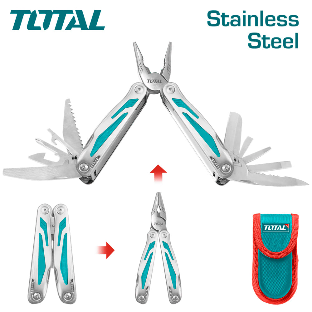 Pinza Multifuncional 15 en 1 TOTAL Acero Inoxidable Alicate Plegable con Estuche de Cinturón TFMFT01151 S2305