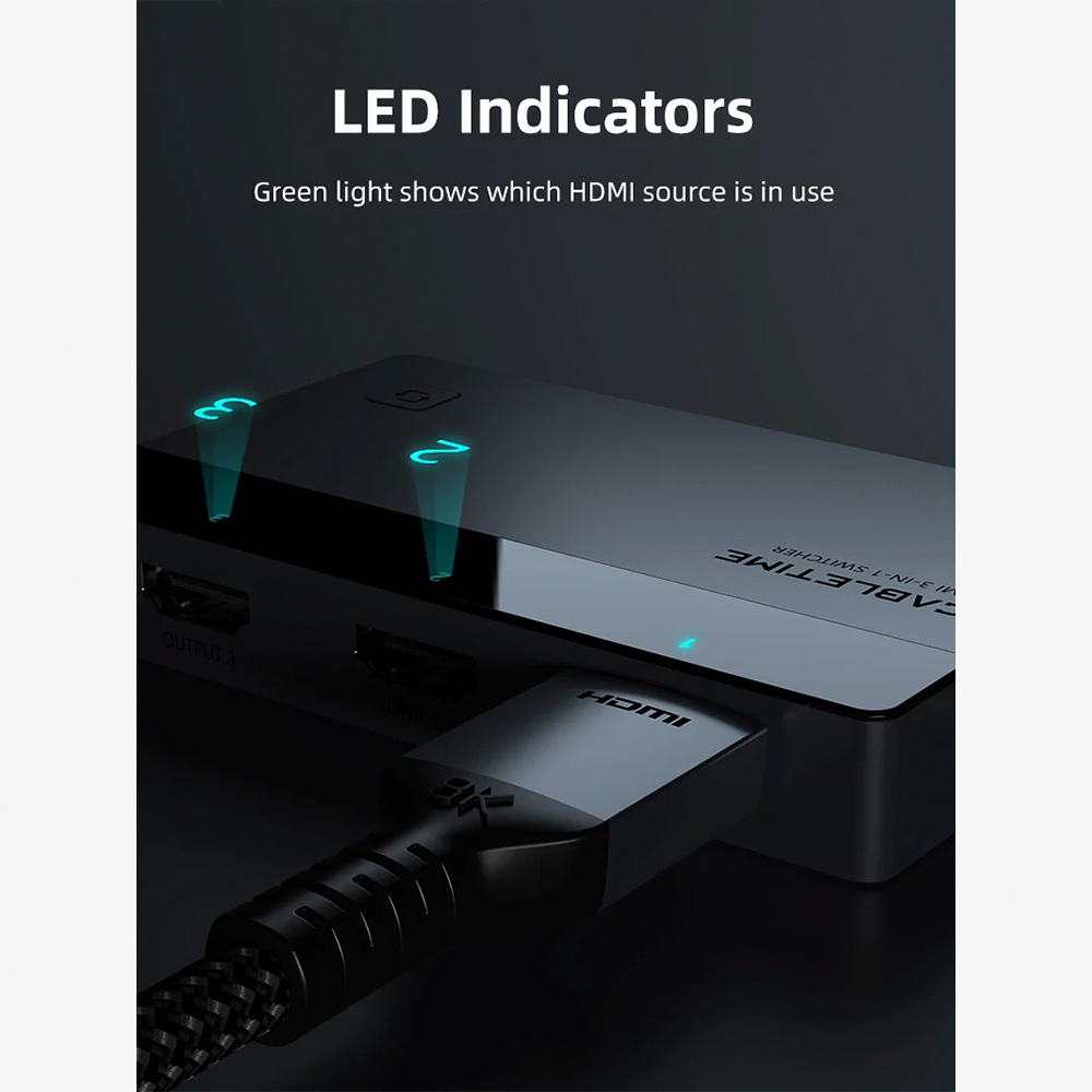 Switch Conmutador HDMI 3 en 1 4K 60Hz CABLETIME de Aluminio con Control Remoto Receptor IR y Botón Manual para PS5 Xbox TV Box y PC S2353