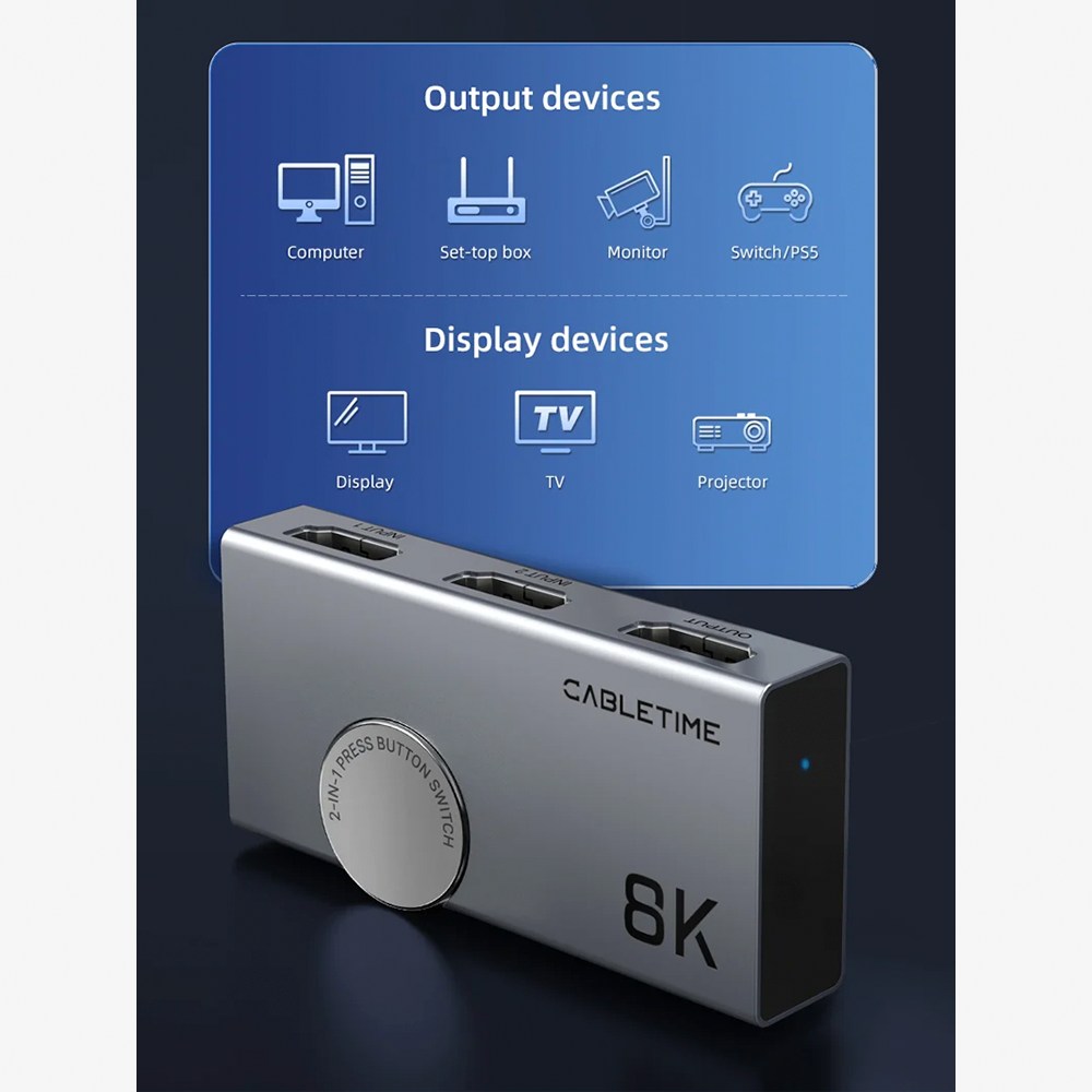 Switch Conmutador HDMI 2.1 Bidireccional 8K 60Hz 4K 120Hz CABLETIME 2 en 1 o 1 en 2 de Aluminio con Soporte VRR HDR Dinámico y Dolby Atmos para PS5 Xbox Series X y PC Gamer S2360