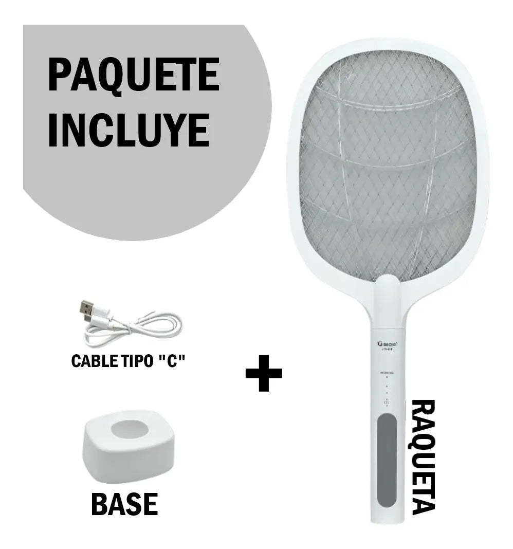 Raqueta Eléctrica Antimosquitos 2 en 1 con Lámpara UV y Base de Carga s2102