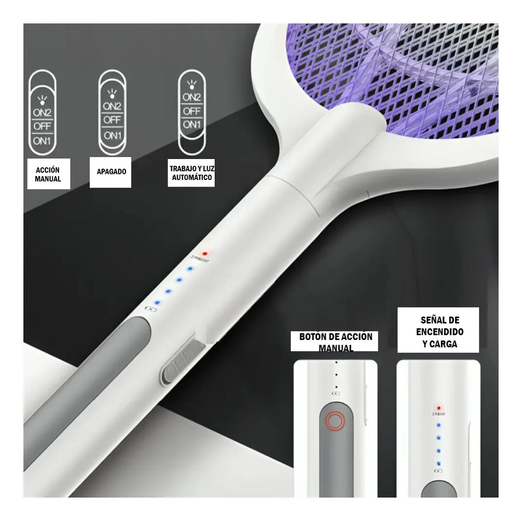 Raqueta Eléctrica Antimosquitos 2 en 1 con Lámpara UV y Base de Carga s2102