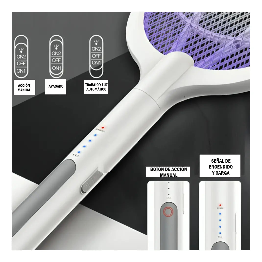 Raqueta Eléctrica Antimosquitos 2 en 1 con Lámpara UV y Base de Carga s2102