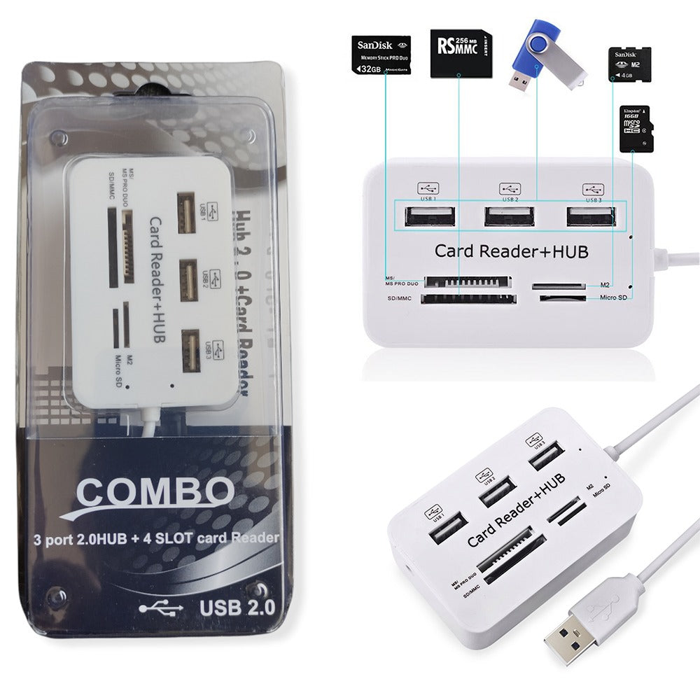 Hub 3 Puertos USB 2.0 + Lector Memoria SD MMC - Micro SD - M2 - MS PRO DUO J0019