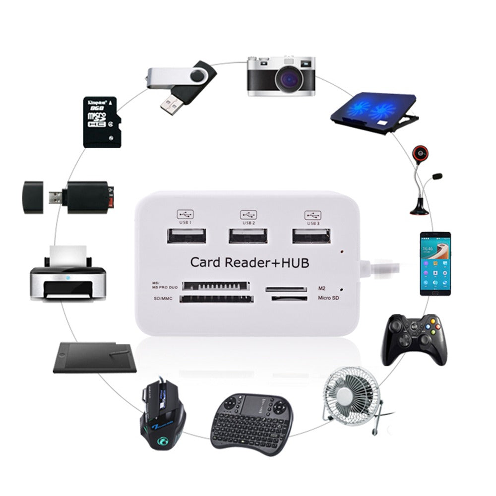 Hub 3 Puertos USB 2.0 + Lector Memoria SD MMC - Micro SD - M2 - MS PRO DUO J0019