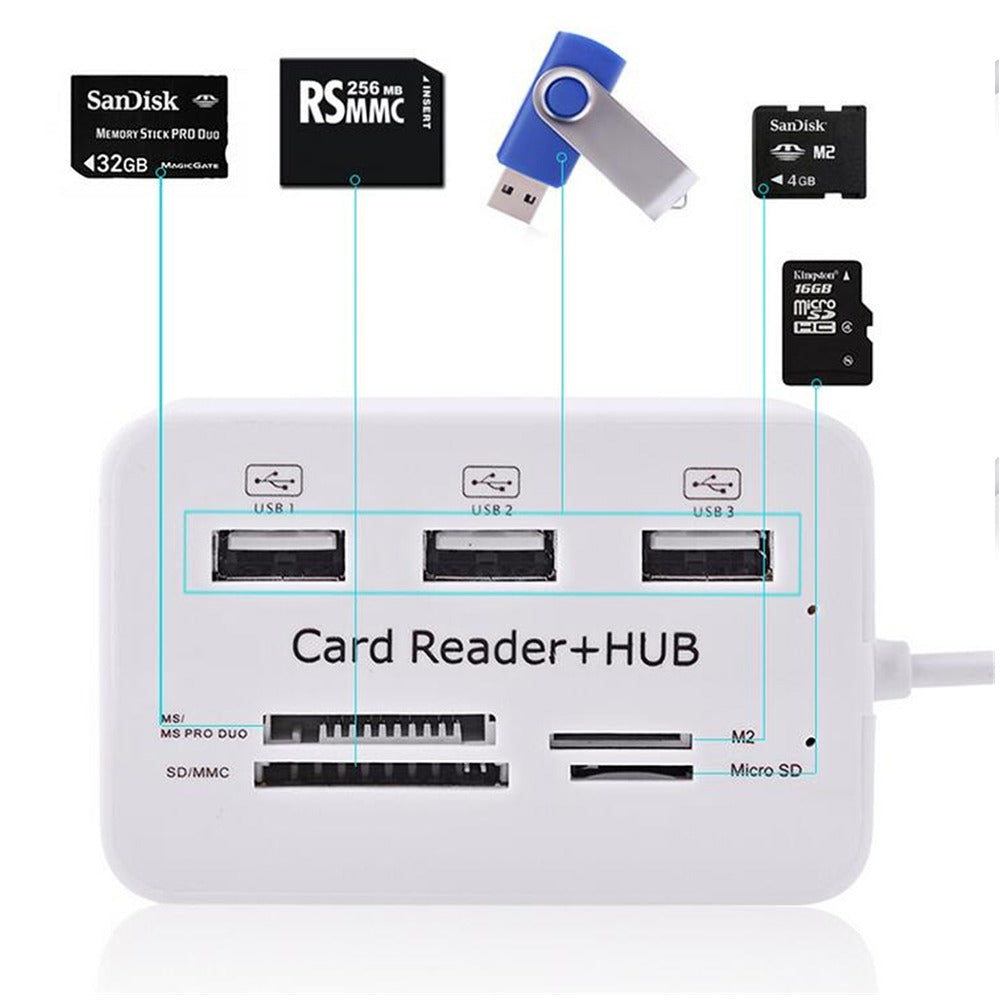 Hub 3 Puertos USB 2.0 + Lector Memoria SD MMC - Micro SD - M2 - MS PRO DUO J0019