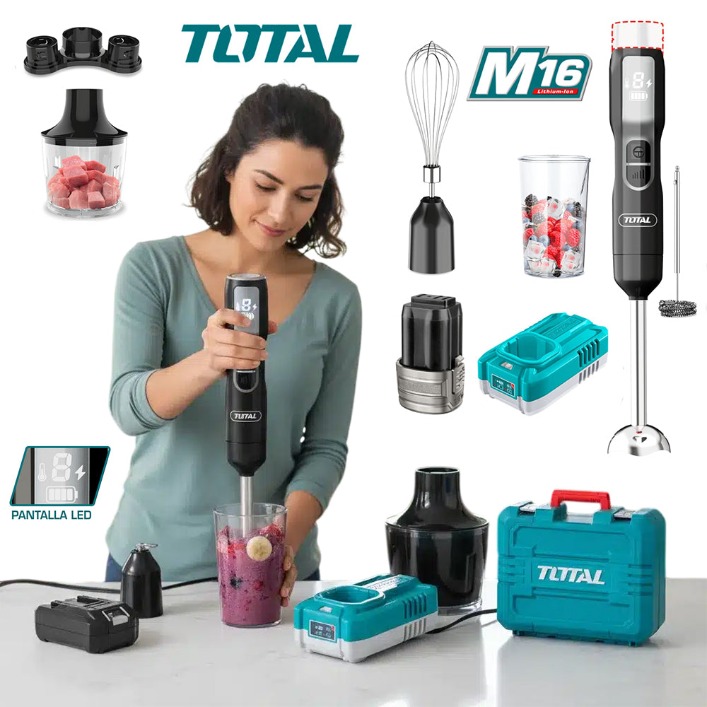 Set de Batidora de Mano Inalámbrica 16V TOTAL 5 Velocidades Picatodo 500ml Pantalla LED Batería 2.0Ah y Maletín TJB056K S2310